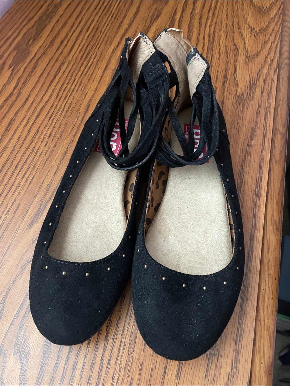 pop Black Studded Suede-Look Ankle-Strap Flats